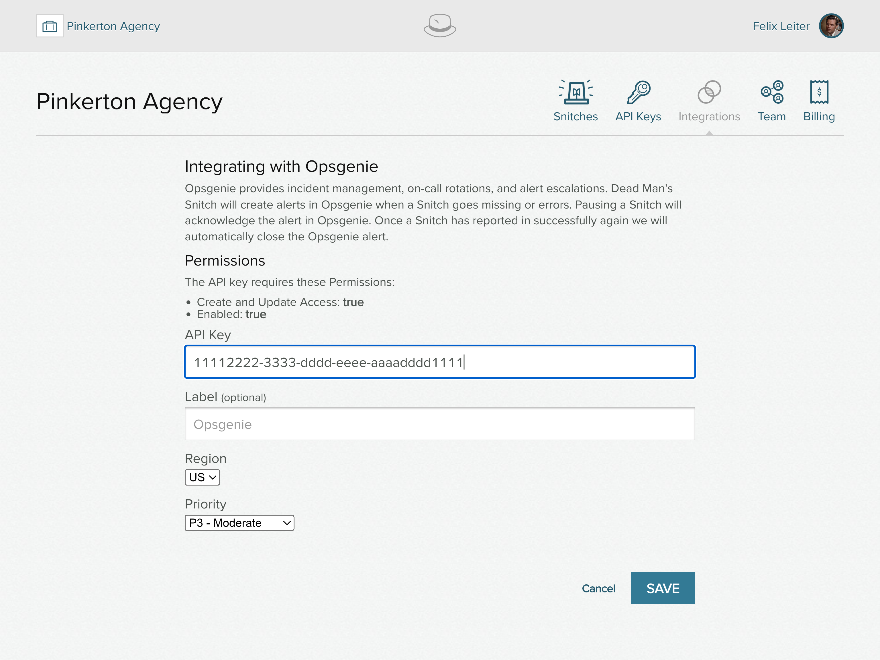 A screenshot of the Opsgenie integration form