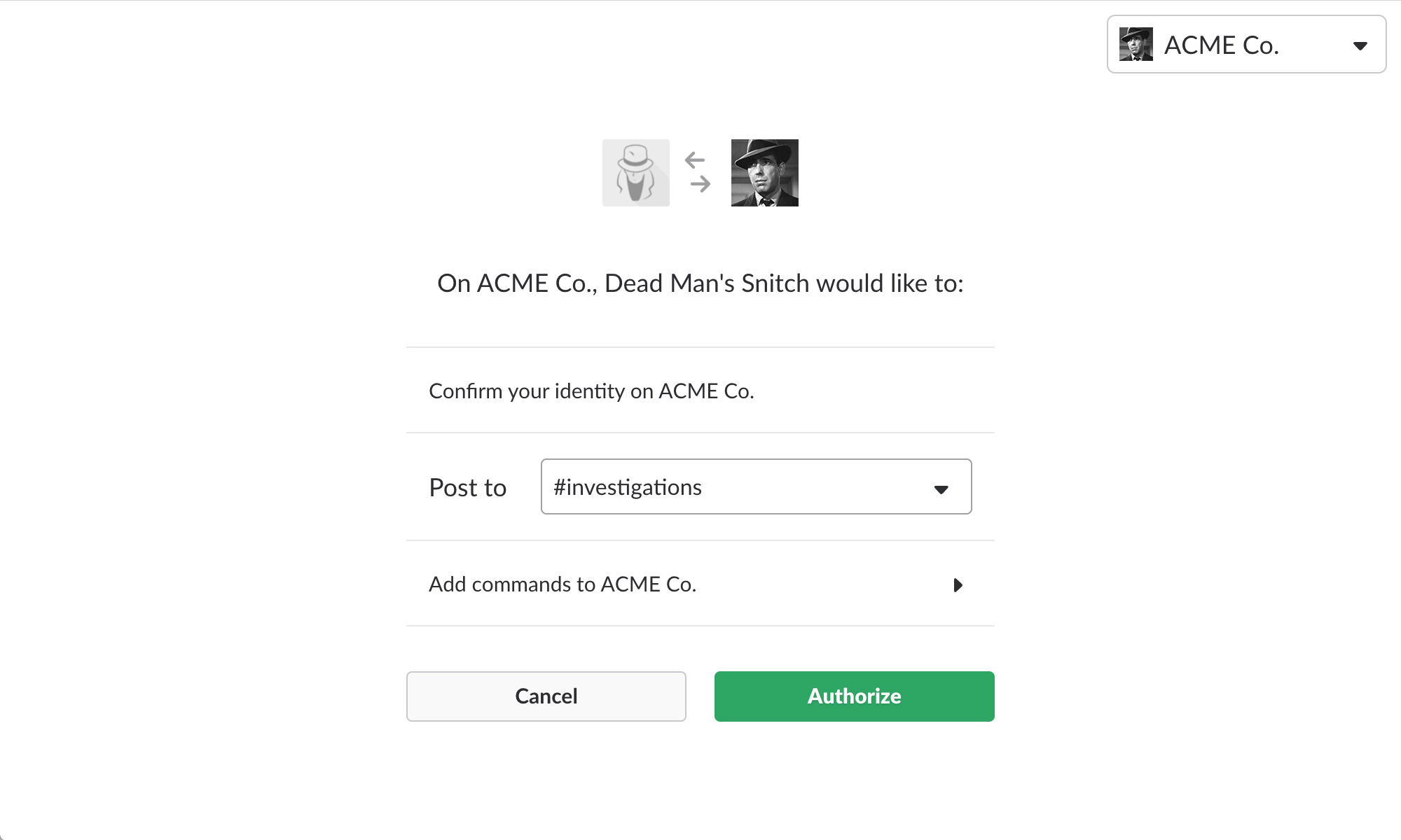A screenshot of a webpage asking the user to authorize a connection between Slack and Dead Man's Snitch