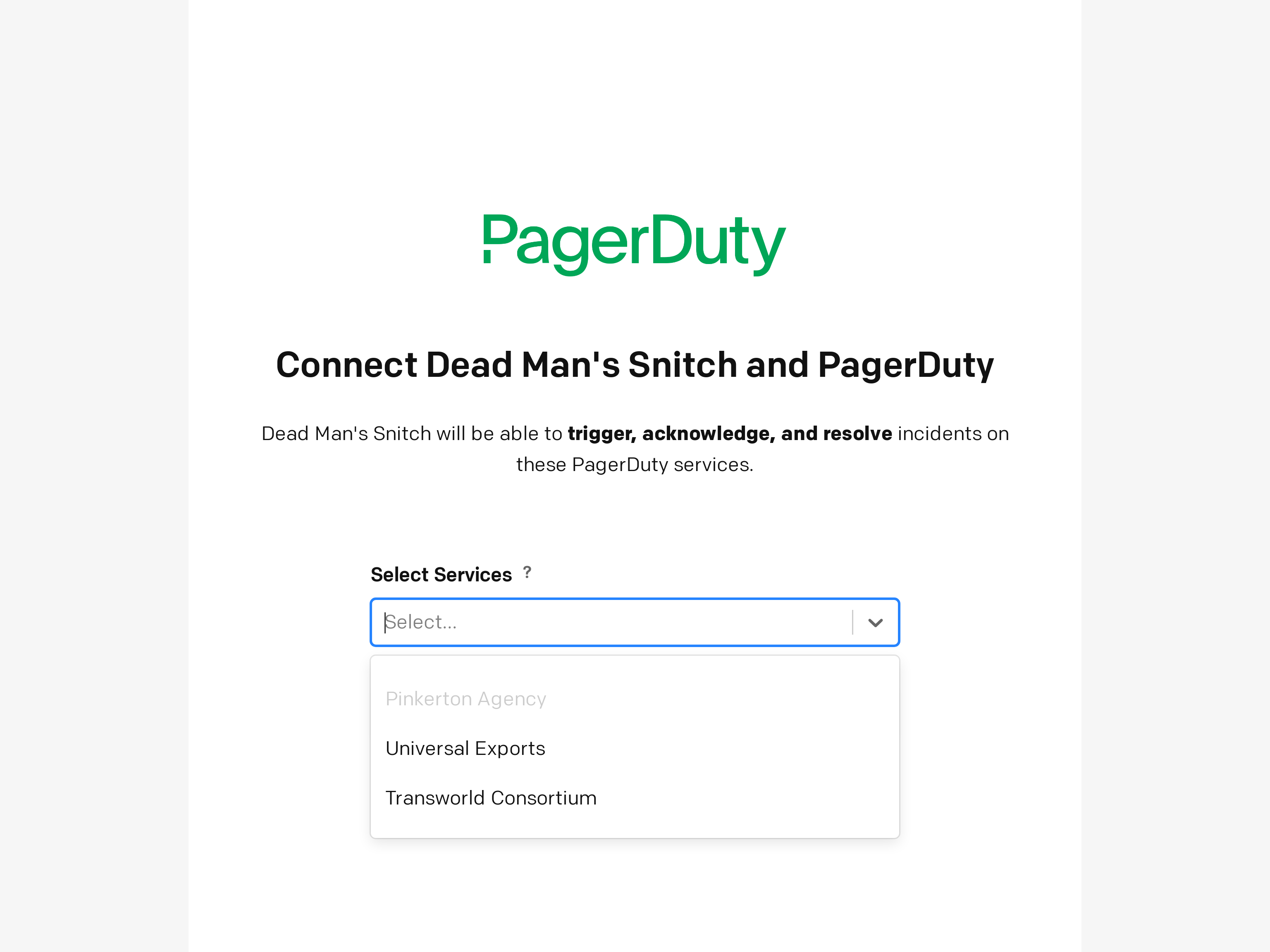 Screenshot of PagerDuty service selection
